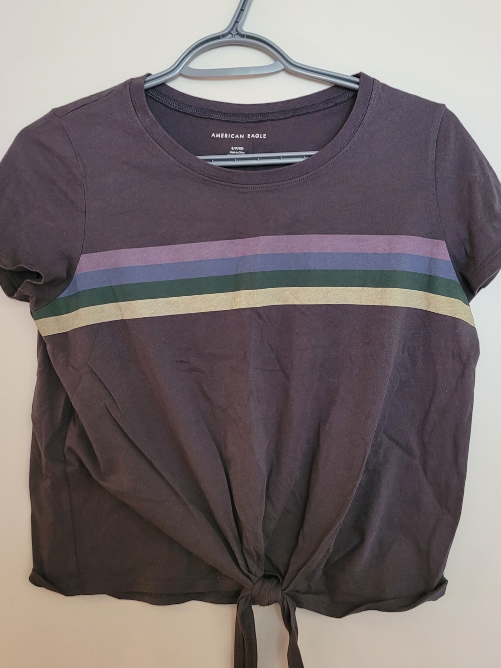 American Eagle Outfitters Purple Tie-Front Tee with Multicolor Stripes